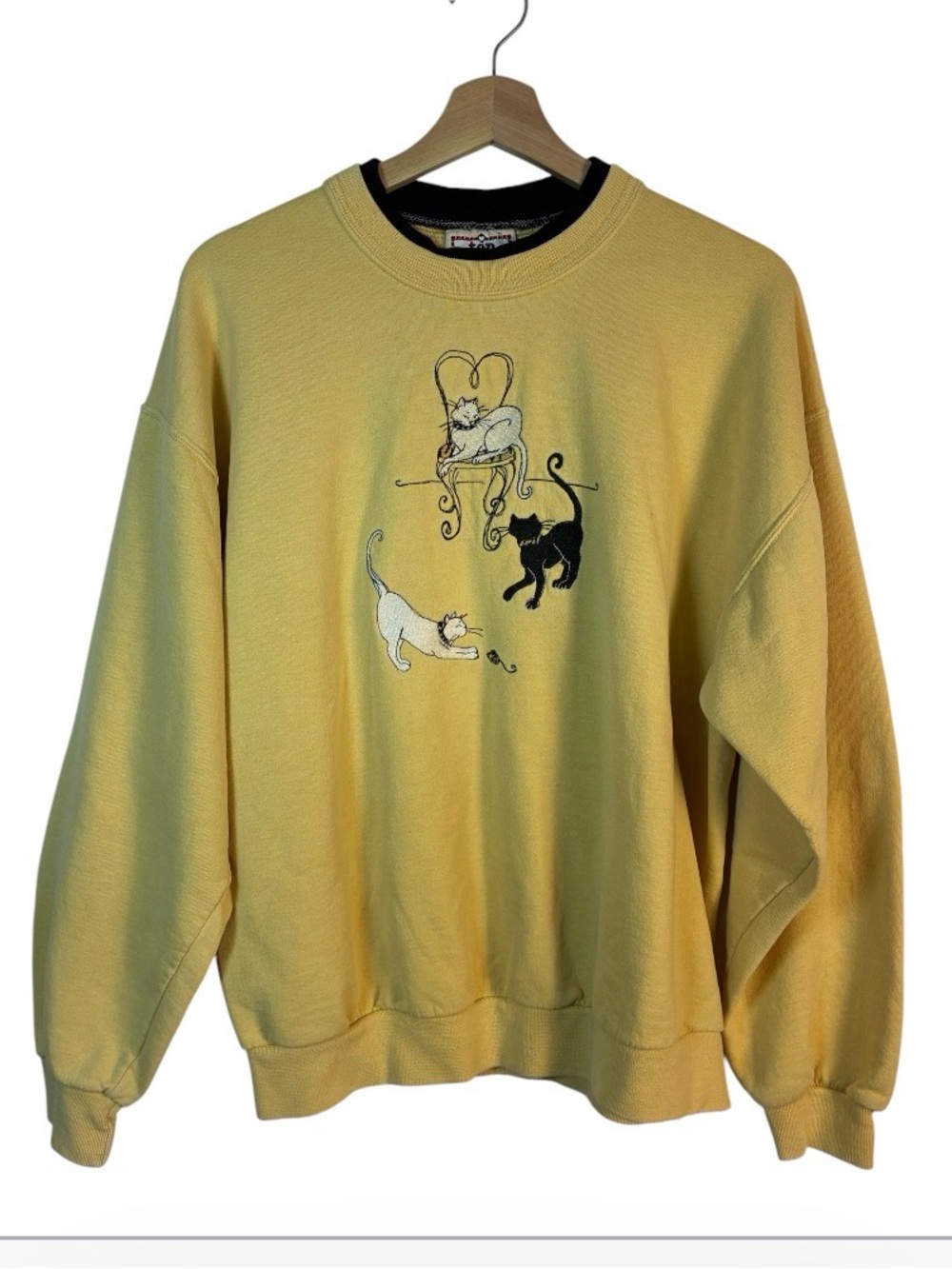 Vintage Top Stitch Embroidered Cats Sweatshirt Large Yellow 90s Y2K
